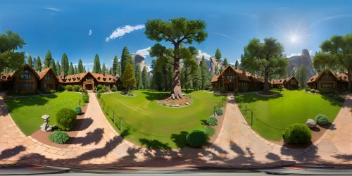 Yosemite park-inspired village, ultra high-resolution VR360 view, majestic Sequoia trees bordering, picture-perfect houses, cobblestone paths, delightful VR360 panorama. Masterpiece-style digital painting, striking color contrasts, exquisitely detailed, tranquil elegance.