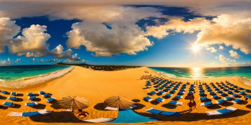 A flawless, picturesque beach illuminated by the golden sun  with shimmering golden sands meeting serene turquoise waters, vibrant beach umbrellas creating whimsical shadows, scattered vivid towels, and sun-kissed nude sunbathers glowing in the perfect light, captured in ultra-high resolution for a true masterpiece.