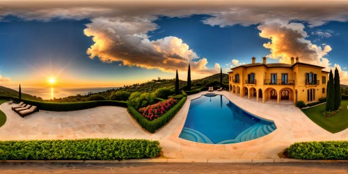 A lavish Mediterranean villa, radiating opulence, basking in the warm glow of a perfect sunset, adorned with ornate flourishes, reflecting sunlight off its pristine windows, surrounded by meticulously groomed gardens and a shimmering pool mirroring the last rays of daylight.