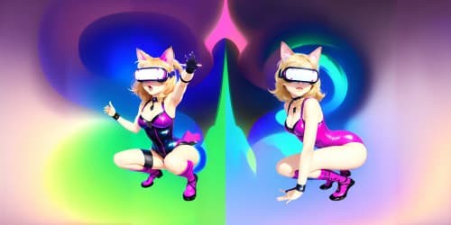 girls,wearing pink leotards,blonde,cat ears,squatting,arms behind head