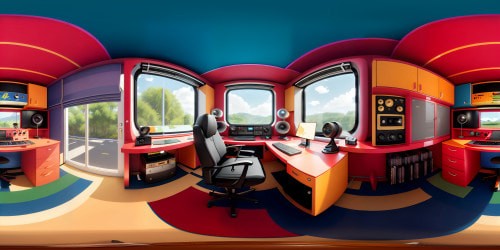 Retro 80s room, iconic Amstrad CPC 464, bold colors, geometric patterns carpet. Single swivel chair, large corner desk, cassette tapes, sleek CRT monitor, VR360 nostalgia. Predominantly airbrushed art style, detailed textures, ultra-high-res VR360 view.