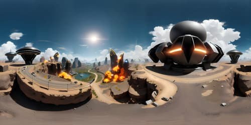 Masterpiece quality VR360 view, ultra-high resolution. Skyward: gigantic spaceship, releasing fire bombs. Ground level: magnetic levitation trains, armies of bionic AI soldiers, metal shell skyscrapers. Limit foreground detailing, emphasize expansive sky.