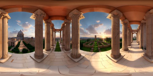 Ancient Rome VR360 masterpiece, ultra-high res, colossal marble columns, mosaics with intricate geometrical patterns. Grand archways in sunset hues, bathed in warm twilight. Ionic, Corinthian, Doric column styles, ethereal panorama of Roman cityscape. VR360 view of ancient Rome in digital painting style.