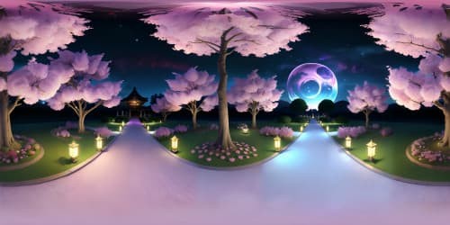 Ultra HD anime catboy-inspired realm, cherry blossom trees, kimono banners, floating lanterns, cascading waterfalls. Night sky, stars in soft luminescence, cat-shaped constellation. VR360, elegant, ethereal, anime aesthetics mingling with traditional Japanese scenery. VR360 masterpiece in vibrant colors, intricate detailing.