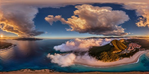 Flawless Mediterranean coastline at golden hour, crystal-clear waters lapping on pristine sandy shores, vibrant seaside village nestled against towering cliffs, under a sky painted with hues of flaming tangerine and lilac, captured in breathtaking ultra-high resolution.