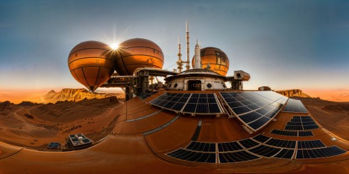 Epic view of Pedraza on a colossal space station orbiting over the rust-hued desolation of Mars, reflecting harsh sunlight, intricate futuristic architecture, multiple domes, solar panels glinting flawlessly.