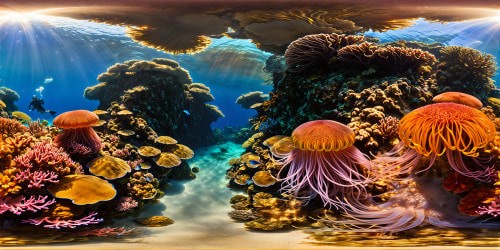 A mesmerizing VR360 underwater masterpiece, where vibrant marine flora thrives among intricate coral reefs, floating jellyfish captured in ultra-high-res detail, enveloped in pearly bubbles, bathed in sun rays that pierce the water with a luminescent color palette of the highest quality.