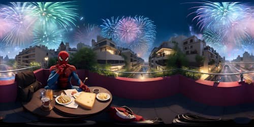 Spiderman drinking eine and eating bread and cheese on a Paris rooftop at night fireworks in the sky