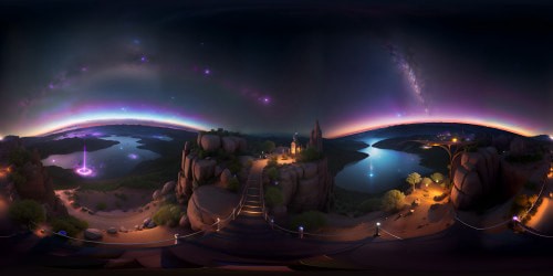 VR360 masterpiece, ultra high-res, Ultra-HDR brilliance. Cosmos panorama, starlight sparkle, gleaming spacelake. Enormous purple planet, overarching sweep, ethereal aura. VR360 views, captivating Pixar-style vibrancy, breathtaking quality.