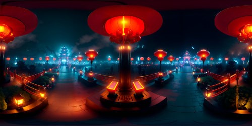 Ultra-high resolution VR360 view, traditional Chinese painting style. Spring Festival theme, vibrant array of grand red lanterns aloft, shimmering residue of firecrackers in air. Sinuous dragon parade, ancient pagodas backdrop. Surreal hints, masterpiece quality. VR360 cityscape, festival night lights glowing. Enhanced realism, immersive quality.