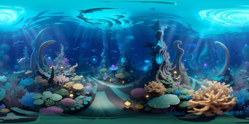Ultra-high resolution VR360, deep sea dinosaurs in their prime, colossal octopus lurking. Intertwining kelp forest, intricate coral reef, lodge-like underwater structures. Masterpiece-quality, stunning bioluminescent glow, radiant colors in the darkness. VR360 realism infuses fantasy, Pixar-style animation. Grandeur, intricacy in marine details, vibrant aquatic life.