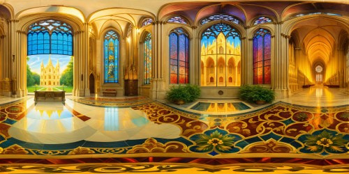 Sparkling grandiose cathedral in an idyllic meadow, majestic golden light cascading through towering stained glass windows, intricate stone carvings, ethereal atmosphere, peaceful lambent glow, large statues guarding ornate marble altar, flawless architectural splendor.