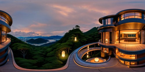 view from the balcony of an ultra futuristic Edo-modern inspired home on a densely forested hill of Japan, at dusk. other ultra futuristic luxury Edo-modern homes can be seen nestled among the hills in the foreground and in the distace, the warm light from the glowing like candles. Tranquil, uplifting atmostphere.