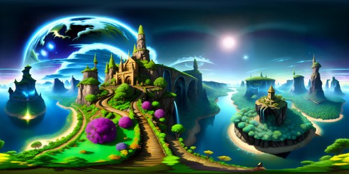 "Ultra-high-res view, VR360 masterpiece, floating islands, luminescent flora, shimmering waterfalls, ethereal glow, multicolored auroras in the celestial canvas, sparkling star trails, fantasy art style VR360 rendering, profound detailing, crystalline textures, hyperrealistic lighting."