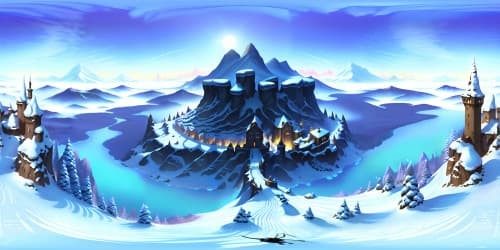 Masterpiece quality, VR360 vista of snowy peaks, ultra-high resolution portrayal, anime-style. Icy mountain tops, gothic castle silhouette in VR360, dusted pines, deep shadows. Thick snow cover, icicle-decorated castle towers, stark contrasts, detailed.