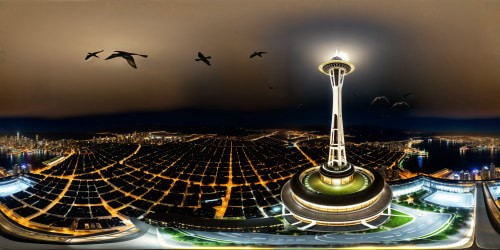 A brilliant ultra HD cityscape featuring the iconic Seattle Space Needle piercing the skyline, surrounded by swirling flocks of black birds beneath a moonlit night sky, every intricate detail perfectly captured in a stunningly realistic 8K high-resolution render.