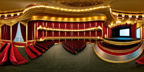 Magnificent opulent theater stage with intricate gold leaf details, velvet curtains cascading, elaborate chandeliers casting a warm glow, grandiose red velvet seats in a cascading auditorium under a starlit ceiling.