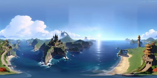 VR360, Ultra-high resolution, brilliant Chinese-style seascape, serene coastline panorama, timeless fishing settlement, calm ocean offset by grandiose mountain outline, fiery sunset mirroring on undulating waves, foggy isles punctuating the skyline, detailed shadow of bamboo clusters dancing in marine zephyr, VR360.