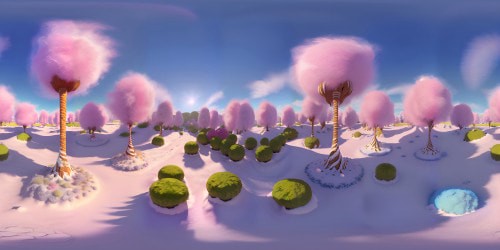 VR360 masterpiece, ultra HD, fantasy candy land. Sprinkles of donuts, ice-cream swirls, fruit clusters, gummy bear groves, lollipop trees - Pixar style. Sky filled with cotton candy clouds, candy-cane rainbows. Unique, adorable VR360 illusion of playful kittens, beagle puppies' silhouettes. Exceptional charm.