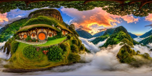 An idyllic, picture-perfect hobbit village set amidst lush, undulating green hills, adorned with vibrant circular doors, inviting warm lantern light, meticulously detailed thatched roofs, and gracefully billowing smoke from charming chimneys, all captured flawlessly in a stunning ultra-high-resolution landscape masterpiece.