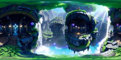 VR360 panoramic view, top-tier quality, waterfall's overpowering presence, ethereal mist, gleaming sunlight refracting. Cool, luscious greenery draping around, richly detailed moss-covered stones. Surrealist art style, VR360 scene, hyper-realistic textures, masterpiece-worthy rendering.