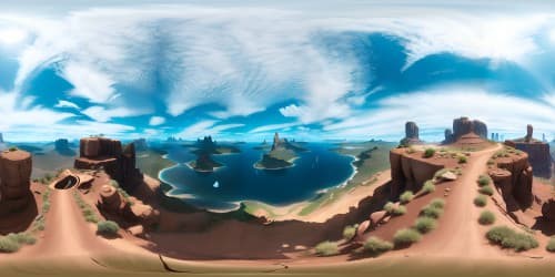 Ultra high-res VR360 scene, rare masterpiece quality. Exquisite detailing in the forefront, minimally intrusive. Expansive, sprawling vistas, focus on sky views. A mix of digital painting, surreal art. Style: Ultra high-res, masterpiece quality.