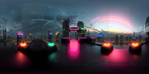 Masterpiece quality, ultra high-res VR360 view, layers upon layers of vivid neon realism. Glowing cityscape beneath starlit sky, reflection-infused skyscraper, shimmering glass and steel structures. VR360 neon-hued sunset, radiant streetlight halos, virtual realism style.