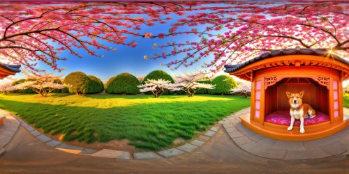 Luxurious, meticulously crafted doghouse under a vibrant cherry blossom tree, ornately carved wooden details, golden hour sunlight filtering through the delicate petals, flawless textures and exquisite craftsmanship captured in ultra high resolution.