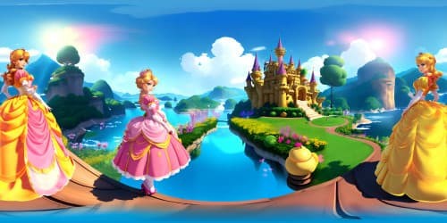 SUPERMARIO CHARACTERS: 2 PRINCESSES. princess peach blond har and pink dress. princess daisy brown hair and yellow dress.STANDING in front of pink castle