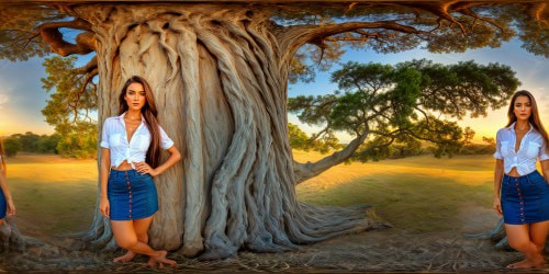 A flawless, ultra high-resolution portrait of a radiant, young brunette, standing gracefully next to a majestic tree, her sapphire eyes sparkling with joy, her long, straight hair falling elegantly around her, dressed in a short denim skirt and a white button-up shirt slightly open to reveal a hint of a white bra, exuding confidence and youth in a sunlit, vibrant outdoor setting.