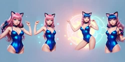 Ultra high-res VR360 masterpiece, five princesses adorned in pink leotards, diverse hair colors, distinct blue eyes on one, elegant squat poses, arms uplifted symmetrically, subtle emphasis on armpits, playful cat ears