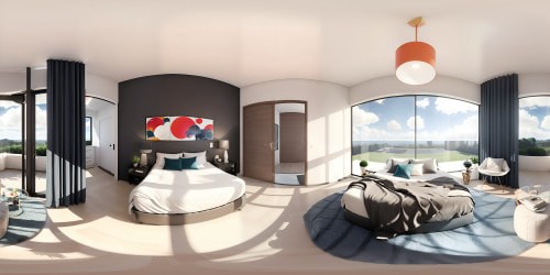 A bedroom with clouds and rainbows on the walls