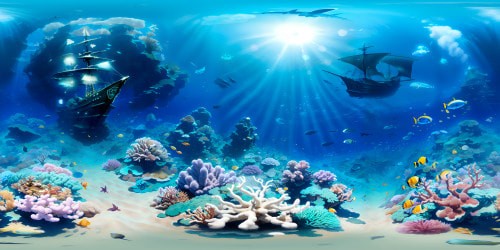 Ultra high-res VR360, masterpiece, old wooden shipwreck, ocean bed, intricately detailed wood, tropical coral reef, brilliant, life-like colors. Photorealistic VR360, vibrantly colorful, lush underwater world, sunken ship narrative, empathetic pixel art style.