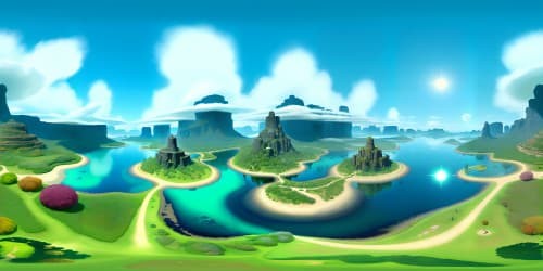 Masterpiece quality, serene environment, opalescent sky, scattered fluffy clouds, dream-like VR360 panorama. Ultra high-resolution, tranquil lake, glass-like surface. Lush forest backdrop, vibrant hues, Pixar-style artistry. Minimalist yet captivating, focus on soothing colors, VR360 tranquility.