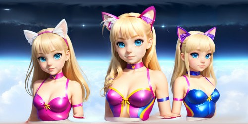 VR360 imagery, focus on facial features of princesses, blue-eyed princess, blonde hair for two, pink leotards. Minimal foreground, expansive sky backdrop. Cat ears present, intricate close-up. Distinct arm positions, hands above heads. Style merge: Anime and digital painting, careful detail rendering, superior resolution, masterpiece quality. Squatting position, armpit detail.