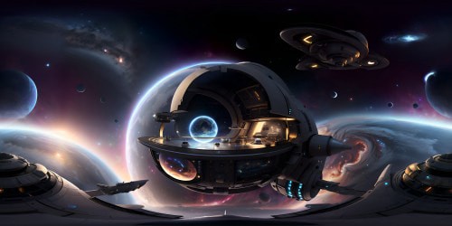 Starship observation bubble, VR360 masterpiece view, ultra high-res cosmos. Star clusters, nebulae tops, gas giants in distance. Hyperrealistic, Pixar-style, gleaming starship interiors, VR360 bubble window scene. Minimalistic controls, vibrant holographic star maps.