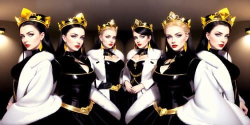  best quality, masterpiece, ultra high res, trio of distinct 40 year old princesses_wearing white fur coats_wearing black garments_wearing gold hoop earrings_wearing red lip gloss_one has blue eyes_two of them have black_they are squatting_close up of armpit_diamond crowns