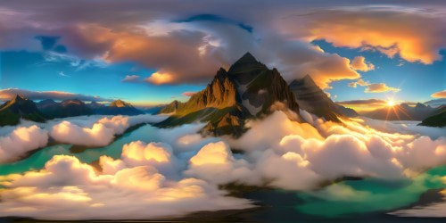 Immersive VR360 experience of a hidden lake surrounded by mystical mountains, with ethereal wyverns soaring in the radiant sunset, pastel clouds drifting in the iridescent sky, an enchanting realm of high fantasy art captured in 8K ultra-high resolution perfection.