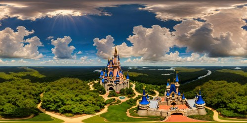 An unparalleled, flawless, ultra high-res aerial perspective of Walt Disney World, featuring meticulously manicured gardens, the iconic Cinderella Castle gleaming in the sun, winding watercourses, lush greenery, and a faultless layout beneath a pristine, sunlit sky.