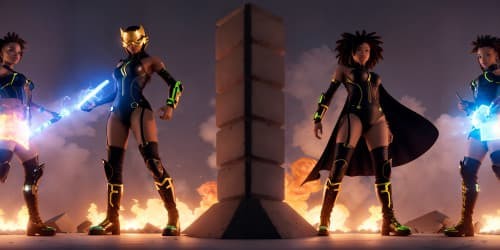 five african american women wearing leotards and thigh high boots. two of the women have dreadlocks. they are superheroes. one is carrying a large flaming hammer.