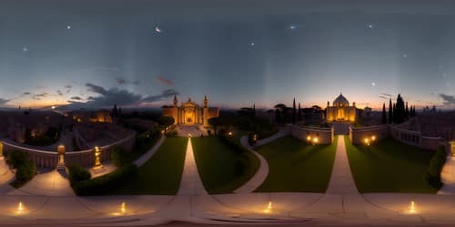 Ultra-high-res VR360, Rome's skyline, architectural marvels in moonlit shadows, twinkling city lights. Masterpiece quality, pixar-style rendering, night sky, galaxies afar. VR360 view, ethereal spectacle.