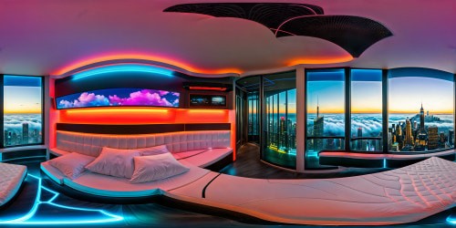 Sleek, ultra high-resolution cyberpunk bedroom with neon accents, holographic displays, reflective surfaces, dynamic LED lights, intricate circuit patterns, a futuristic cityscape view through floor-to-ceiling windows.