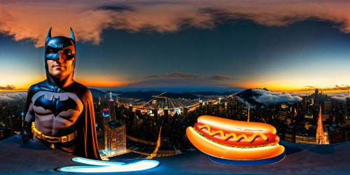 A meticulously crafted cityscape, neon lights flickering, Batman elegantly straddles a hot dog like a regal steed, casting enchanting shadows with a dreamy soft focus, encapsulating the surreal essence of the scene in flawless ultra-high resolution.
