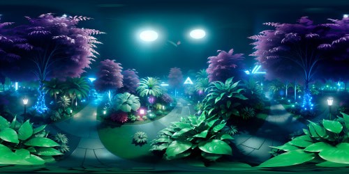 Intense heat, shimmering air currents, spacious VR360 hothouse setting. Foliage, lush greenery, tropical plant-life exploding in ultra-high-res. Crystal-clear dewdrops on broad leaves, opulent flowers in vibrant hues. Fantasy art-style with maximal detail, luminescent colors, dramatic highlights for a grand spectacle in VR360 panorama.