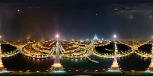 Masterpiece, ultra high-res VR360, Vatican City skyline, sparkling nightfall. The grandeur of Saint Peter's Basilica, silhouetted domes against star-studded sky. VR360 view, cosmic enchantment, radiating moonlight over cityscape.