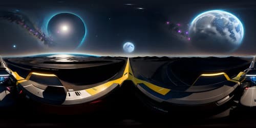 Ultra high-res masterpiece, SpaceX-like car drifting in space towards moon, lunar surface detailed, crisp stars backdrop, deep cosmos vastness in VR360 view, VR360 style akin to detailed digital painting.