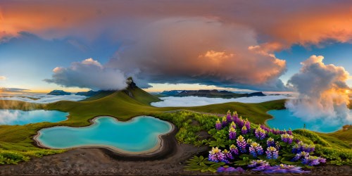 A flawless, ultra high-resolution portrait of a serene Icelandic summer morning, shrouded in a gentle fog, reflecting the vibrant aqua hues of hot springs ponds amidst a vast expanse of tundra and lupine flowers, framed by distant highland mountains, all under a breathtaking sunrise on the endless horizon.