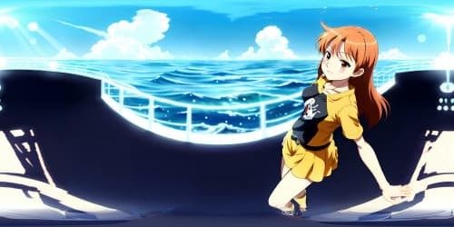 One piece character Nami in LONG ORANGE hair and T-shirt. dark brown eyes.  standing on a big ship. SMIING. whole body view. BACKGROUND IS THE OCEAN