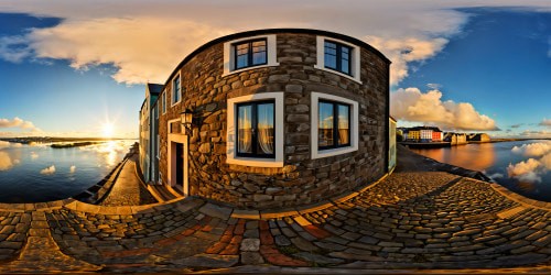 A flawless, ultra high-resolution depiction of The Long Walk in Galway City, capturing the vibrant colors of the historic buildings, the shimmering waters of the river, cobblestone streets glistening in soft sunlight, intricate architectural details glowing with perfection.