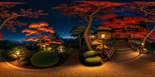 Looking out at a small, dark, panoramic Edo period Japenese garden at night, in Autumn. Cozy warm toned glowy lighting. Moon and stars in the dark midnight sky. Emaculately detailed landscaping. Deep warm toned color palette, with deep reds, magentas, browns, deep orange-yellow tones. Warm feverish Ghibli-esque aesthetic.